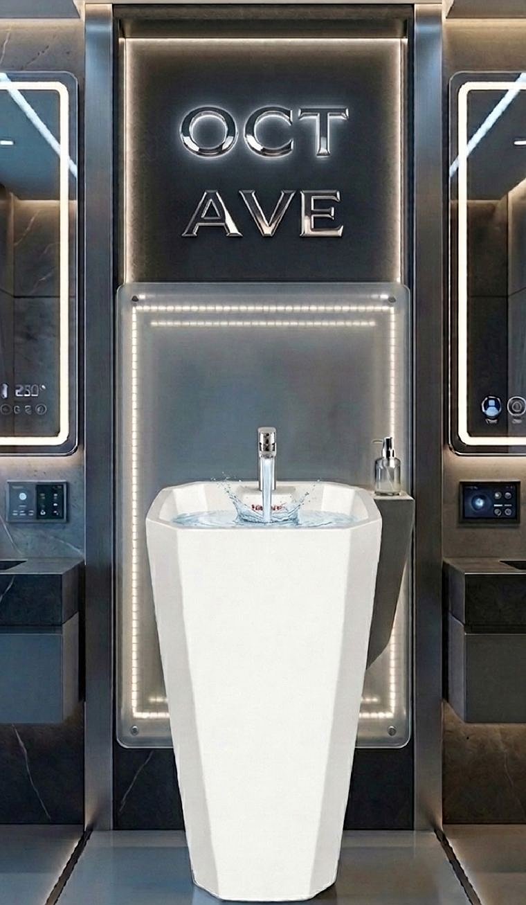 Octave free-standing basin with a faceted column body, in a dark grey bathroom