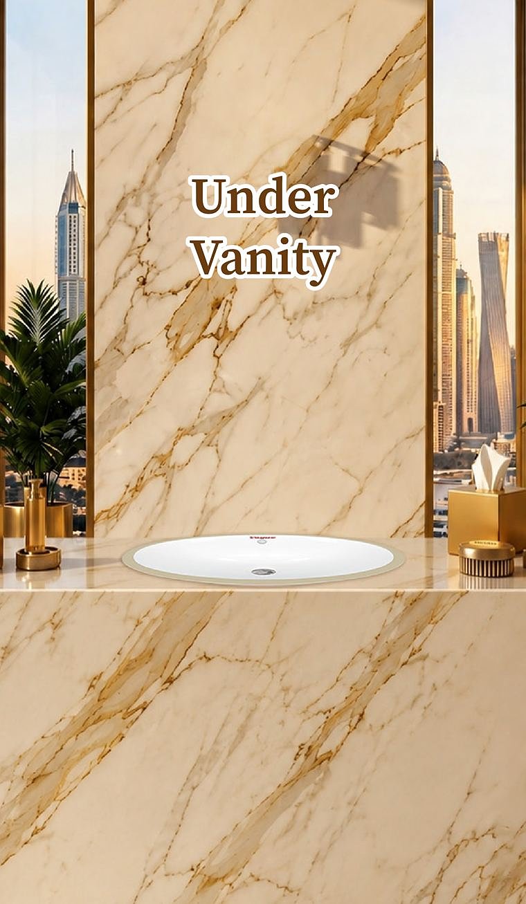 Under Vanity basin set beneath a marble counter with city views