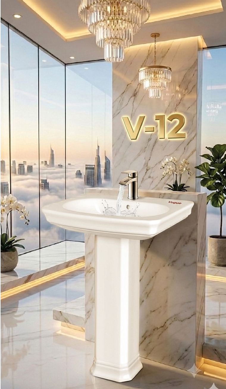 V-12 pedestal basin in a bright marble bathroom with crystal chandeliers
