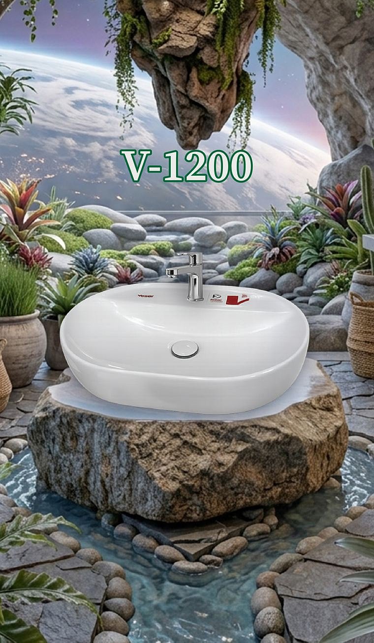 V-1200 counter-top basin on a natural rock beside a stream, from the Vogue catalogue
