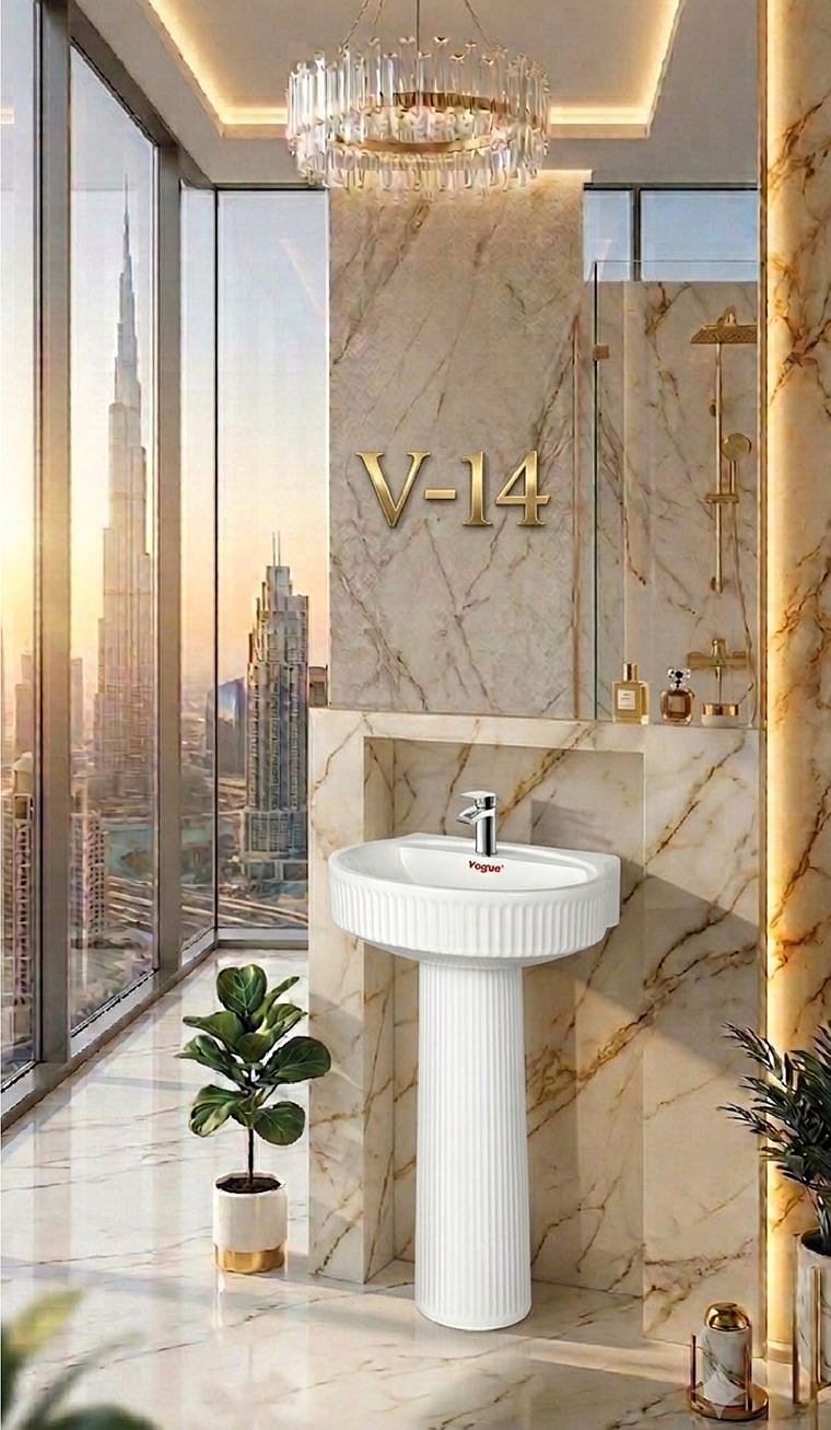 V-14 fluted pedestal basin in a marble bathroom with city views