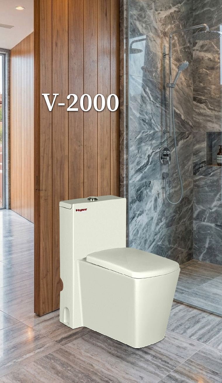 V-2000 one piece commode beside a timber wall and grey marble shower