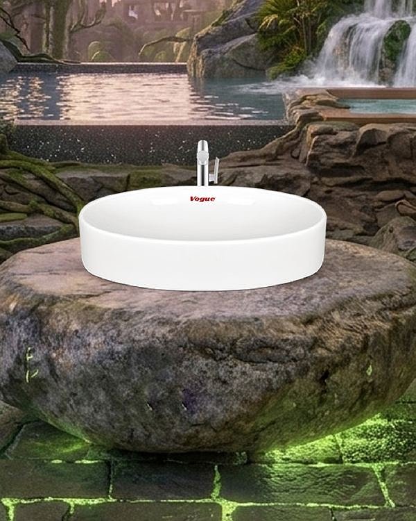 V-500 counter-top basin on a stone beside a waterfall