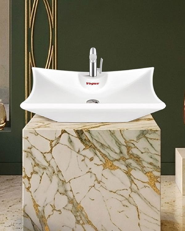 V-600 rectangular counter-top basin on a gold-veined marble plinth