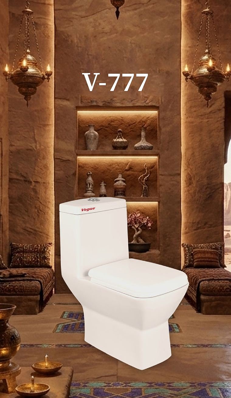 V-777 one piece commode in a warm, lantern-lit room