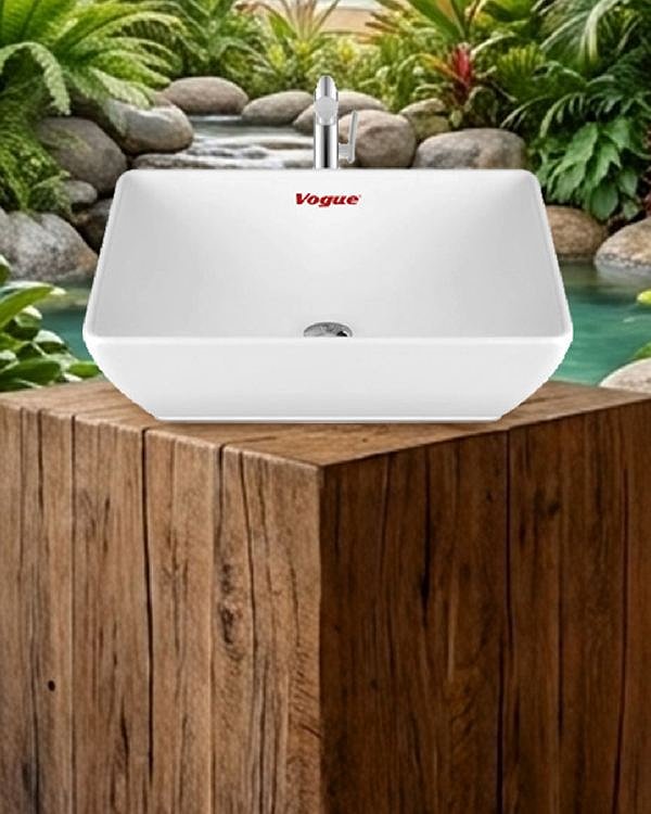 V-800 square counter-top basin on a timber block by a tropical lagoon